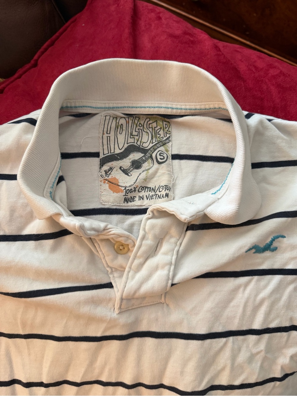 Hollister White Polo with Navy Stripes and Teal Logo